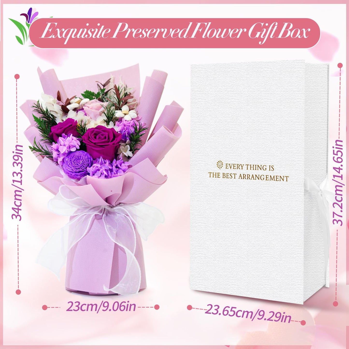 QOEAZY Preserved Flowers Bouquet with Gift Box, Purple Flowers for Delivery Prime, Birthday Flowers for Women Mom Grandma, Flowers Gifts for Valentine's Day, Mother's Day, Anniversary, Christmas