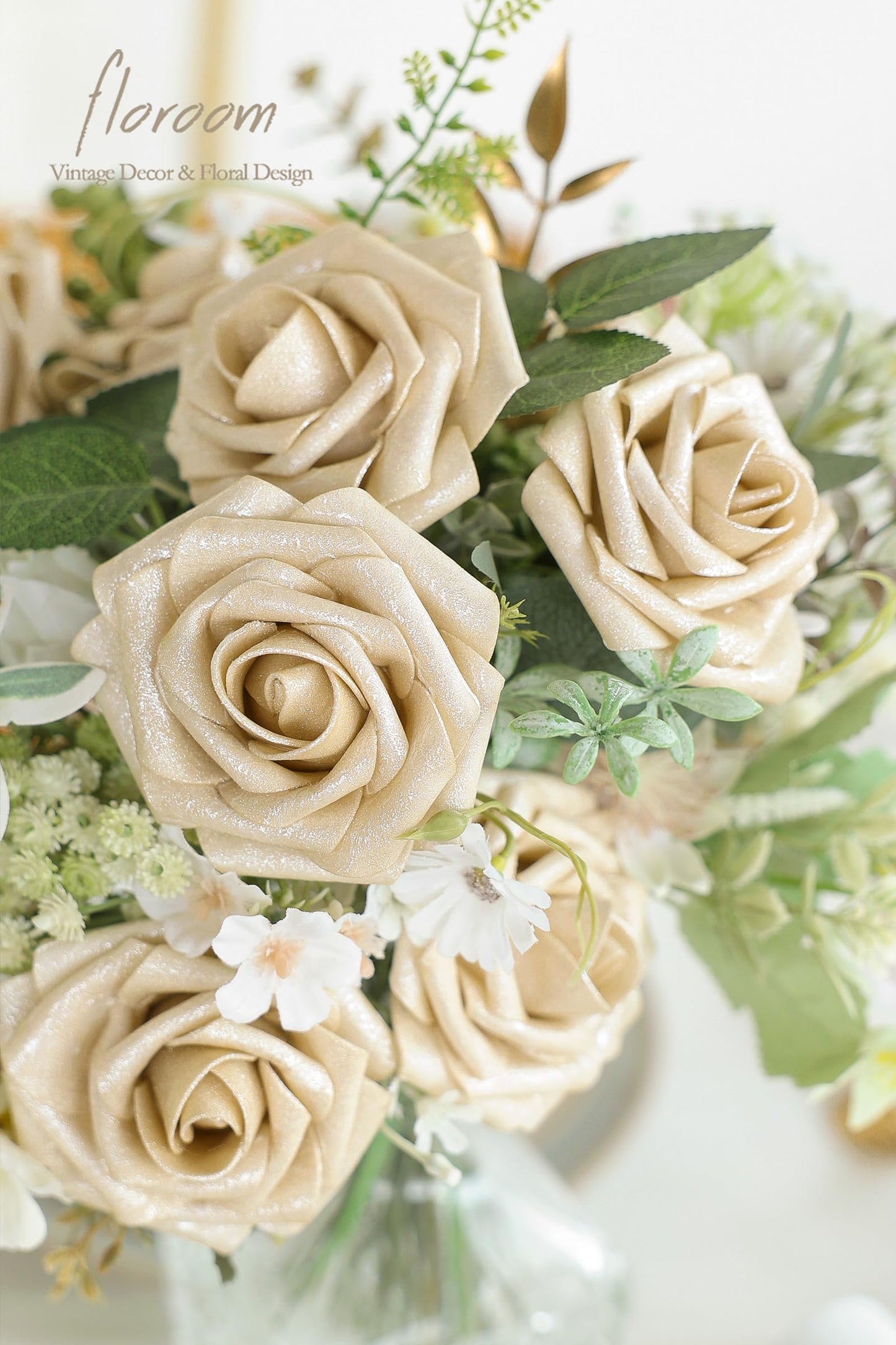 Floroom Artificial Flowers 25pcs Real Looking Ivory Foam Fake Roses with Stems for DIY Wedding Bouquets White Bridal Shower Centerpieces Arrangements Party Tables Decorations