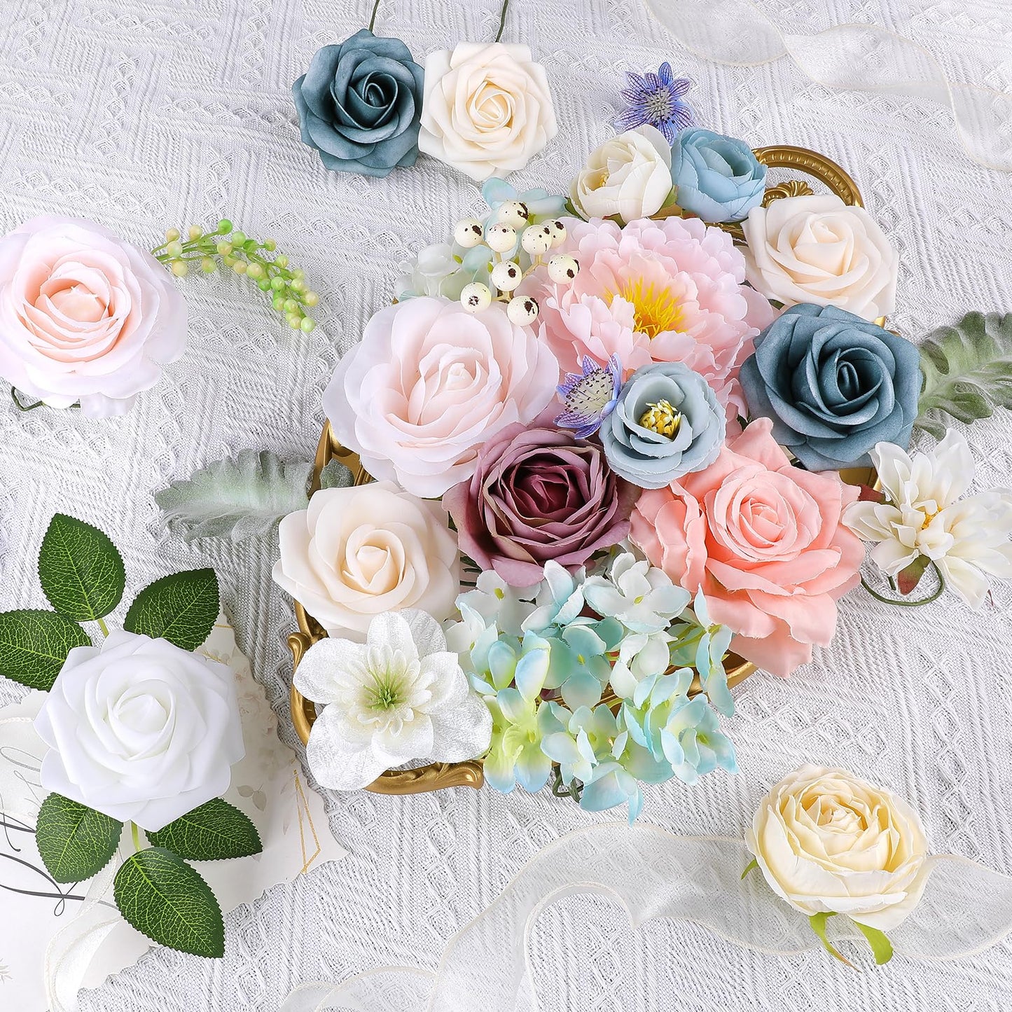 Rose Artificial Flowers Combo Fake Flowers Pink Roses Silk Flowers with Stems for DIY Bridal Wedding Bouquets Centerpieces Arrangements Table Party Baby Shower Home Decor (Champagne Pink)